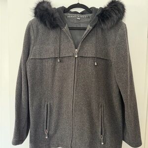 Fleet Street Women's Charcoal Utility Jacket with Faux Fur Hood
